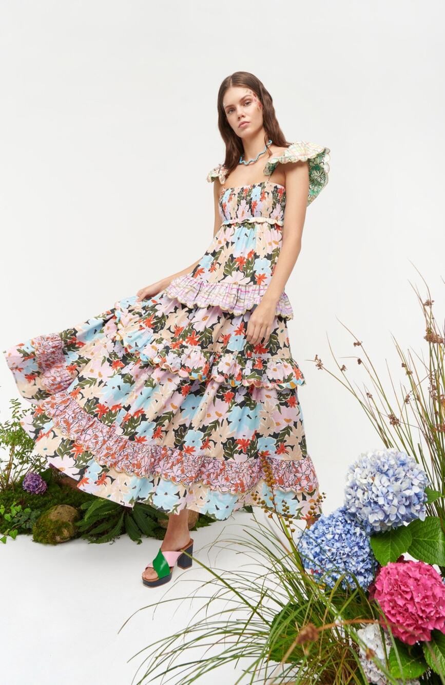 CELIAB Kaira Floral Plaid Ruffle Lace Up Back Midi Dress Small NEW $538